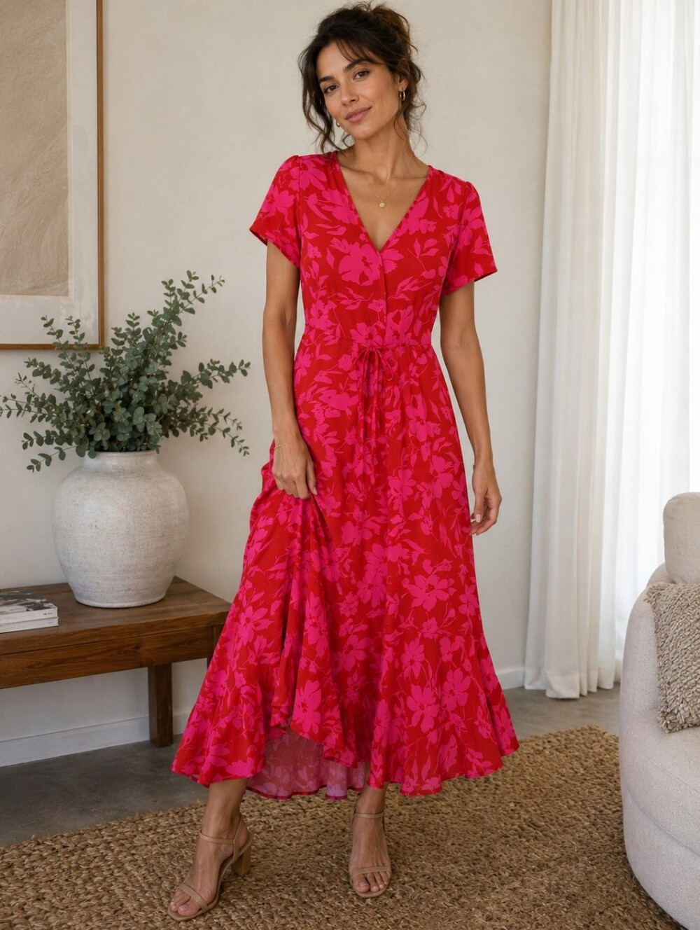 Prettygarden Pink Floral Wrap Midi Dress | Bright Summer Garden Party Dress Size